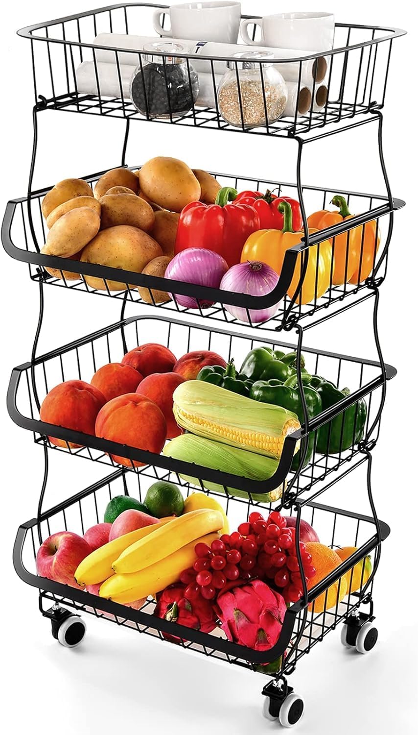 3-Tier Rolling Pantry Cart with Wheels, Stackable Wire Storage Floor Organizer for Kitchen Pantry Snack Shelves, Fruit Basket Stand, Vegetable Storage Rack for Food Snacks Onion Potato