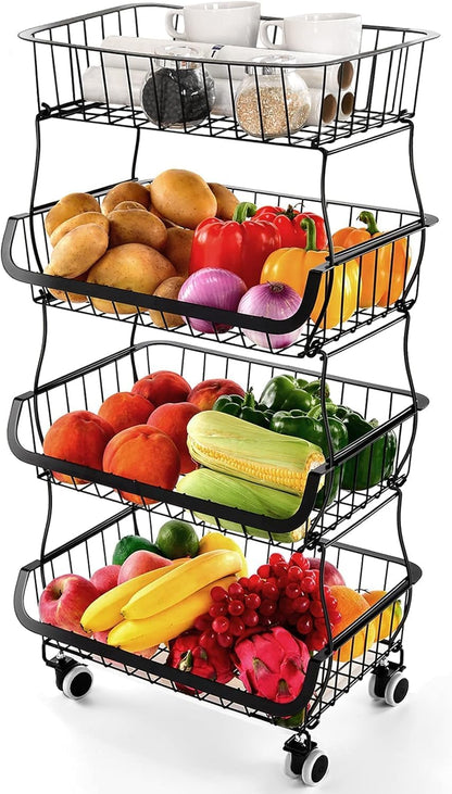 3-Tier Rolling Pantry Cart with Wheels, Stackable Wire Storage Floor Organizer for Kitchen Pantry Snack Shelves, Fruit Basket Stand, Vegetable Storage Rack for Food Snacks Onion Potato
