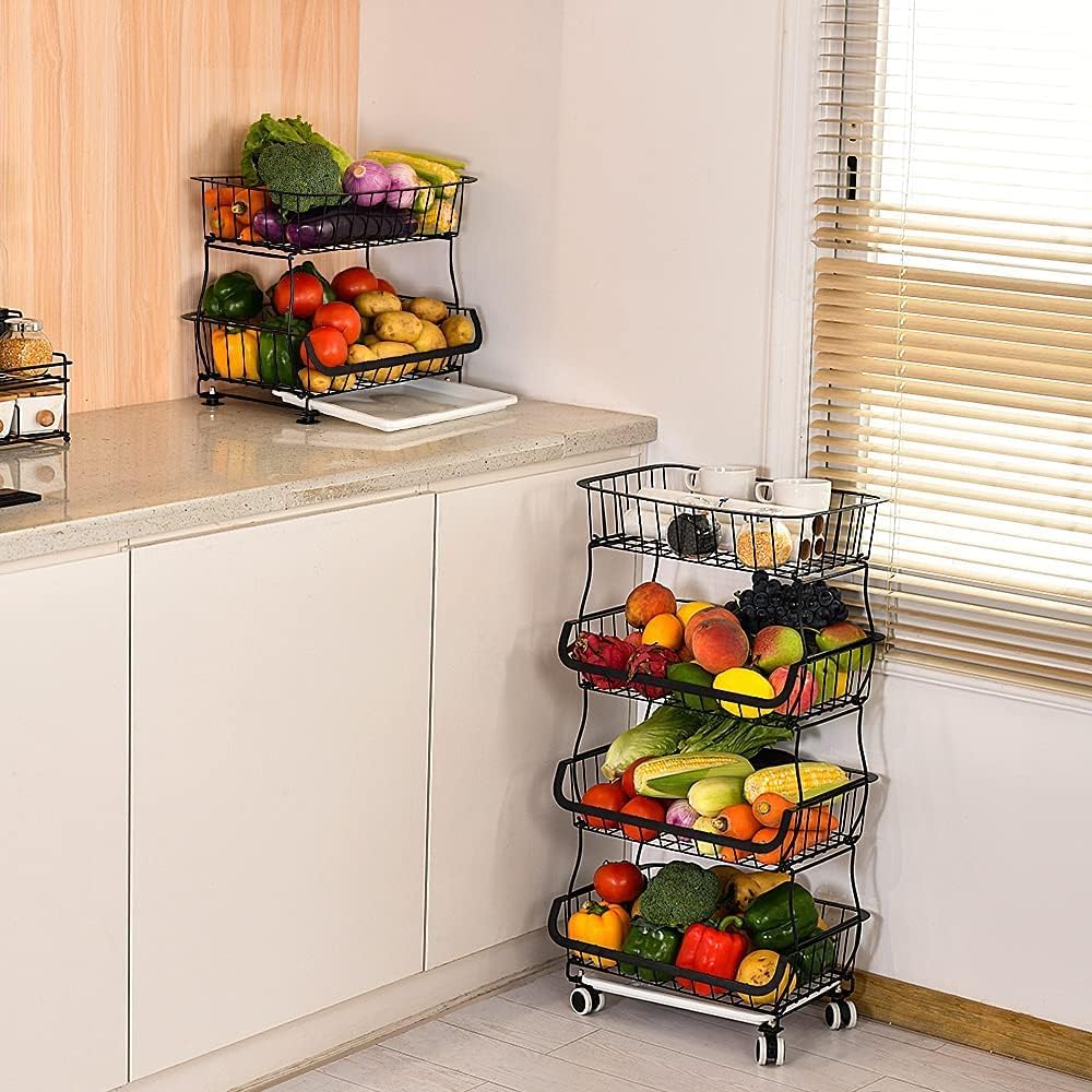 3-Tier Rolling Pantry Cart with Wheels, Stackable Wire Storage Floor Organizer for Kitchen Pantry Snack Shelves, Fruit Basket Stand, Vegetable Storage Rack for Food Snacks Onion Potato