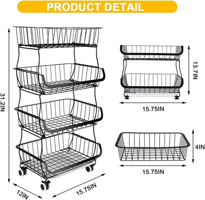 3-Tier Rolling Pantry Cart with Wheels, Stackable Wire Storage Floor Organizer for Kitchen Pantry Snack Shelves, Fruit Basket Stand, Vegetable Storage Rack for Food Snacks Onion Potato