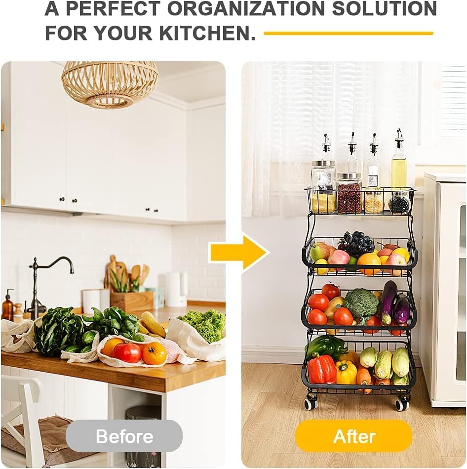 3-Tier Rolling Pantry Cart with Wheels, Stackable Wire Storage Floor Organizer for Kitchen Pantry Snack Shelves, Fruit Basket Stand, Vegetable Storage Rack for Food Snacks Onion Potato