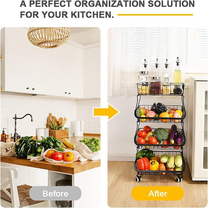 3-Tier Rolling Pantry Cart with Wheels, Stackable Wire Storage Floor Organizer for Kitchen Pantry Snack Shelves, Fruit Basket Stand, Vegetable Storage Rack for Food Snacks Onion Potato