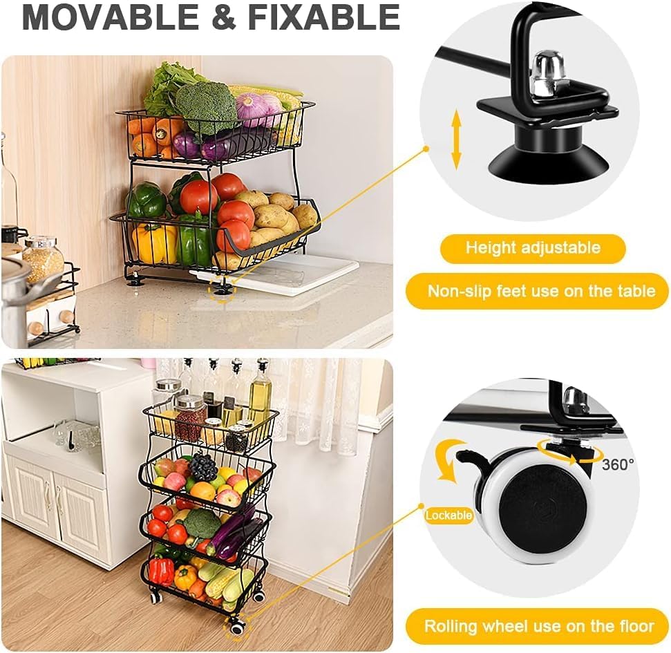 3-Tier Rolling Pantry Cart with Wheels, Stackable Wire Storage Floor Organizer for Kitchen Pantry Snack Shelves, Fruit Basket Stand, Vegetable Storage Rack for Food Snacks Onion Potato