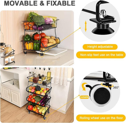 3-Tier Rolling Pantry Cart with Wheels, Stackable Wire Storage Floor Organizer for Kitchen Pantry Snack Shelves, Fruit Basket Stand, Vegetable Storage Rack for Food Snacks Onion Potato