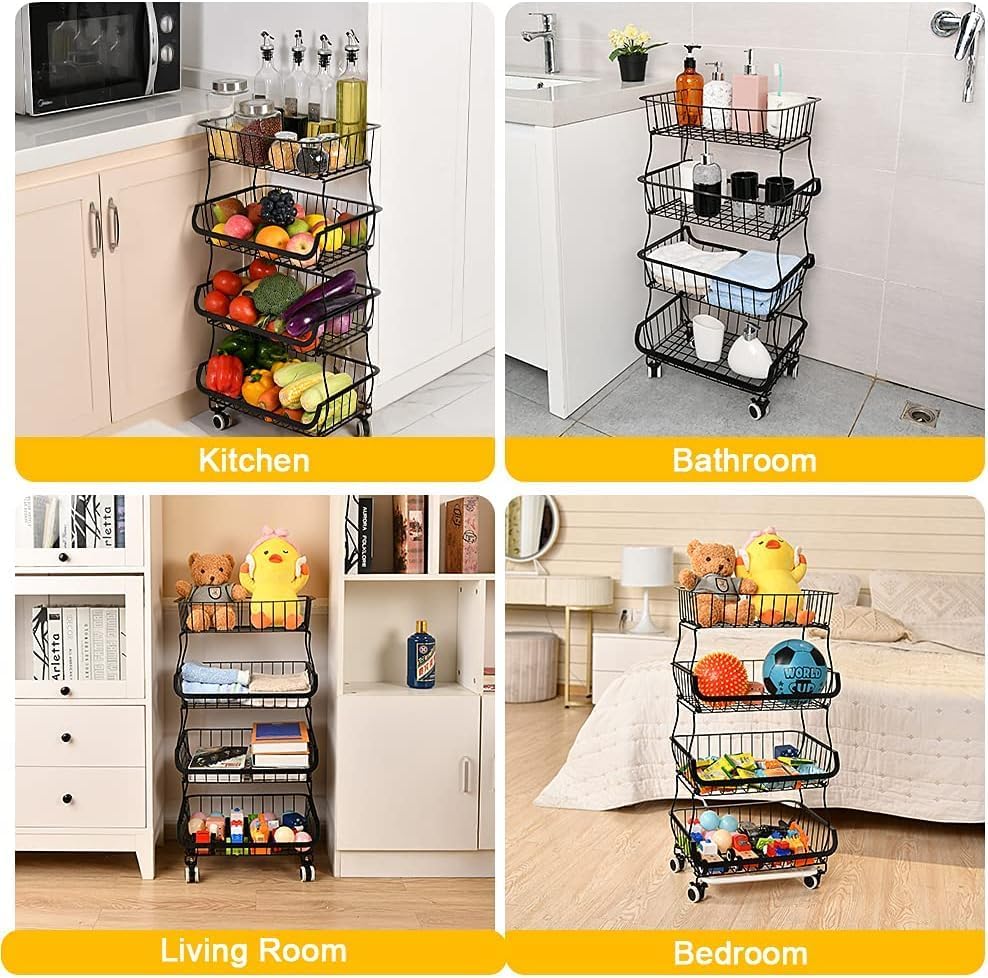 3-Tier Rolling Pantry Cart with Wheels, Stackable Wire Storage Floor Organizer for Kitchen Pantry Snack Shelves, Fruit Basket Stand, Vegetable Storage Rack for Food Snacks Onion Potato