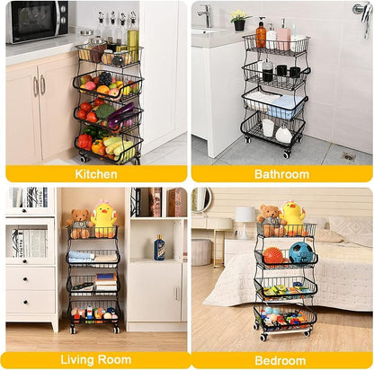 3-Tier Rolling Pantry Cart with Wheels, Stackable Wire Storage Floor Organizer for Kitchen Pantry Snack Shelves, Fruit Basket Stand, Vegetable Storage Rack for Food Snacks Onion Potato