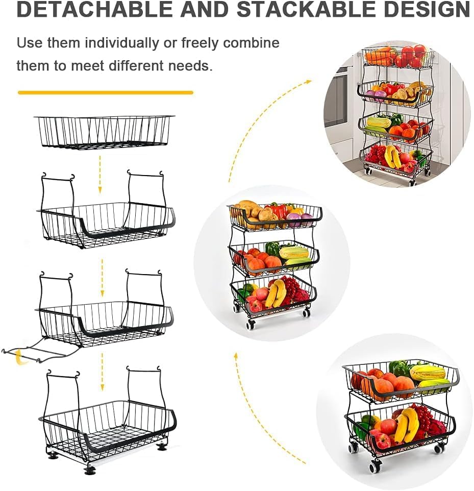 3-Tier Rolling Pantry Cart with Wheels, Stackable Wire Storage Floor Organizer for Kitchen Pantry Snack Shelves, Fruit Basket Stand, Vegetable Storage Rack for Food Snacks Onion Potato