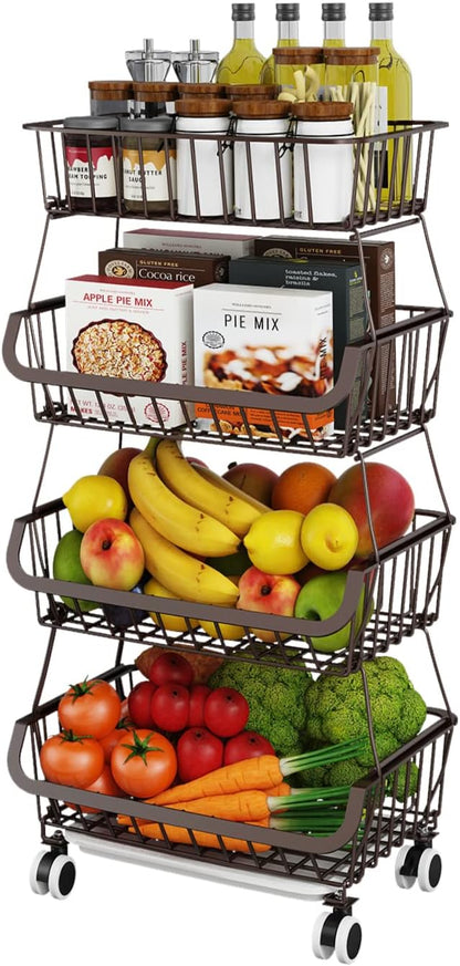 3-Tier Rolling Pantry Cart with Wheels, Stackable Wire Storage Floor Organizer for Kitchen Pantry Snack Shelves, Fruit Basket Stand, Vegetable Storage Rack for Food Snacks Onion Potato