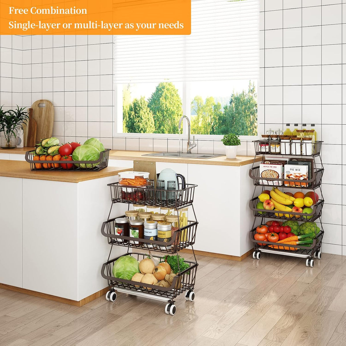 3-Tier Rolling Pantry Cart with Wheels, Stackable Wire Storage Floor Organizer for Kitchen Pantry Snack Shelves, Fruit Basket Stand, Vegetable Storage Rack for Food Snacks Onion Potato