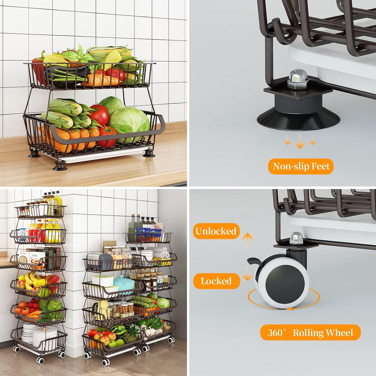 3-Tier Rolling Pantry Cart with Wheels, Stackable Wire Storage Floor Organizer for Kitchen Pantry Snack Shelves, Fruit Basket Stand, Vegetable Storage Rack for Food Snacks Onion Potato