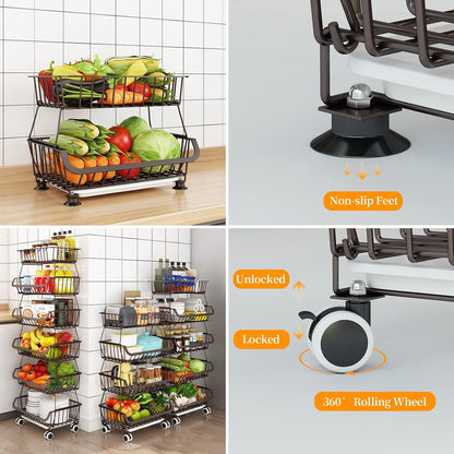3-Tier Rolling Pantry Cart with Wheels, Stackable Wire Storage Floor Organizer for Kitchen Pantry Snack Shelves, Fruit Basket Stand, Vegetable Storage Rack for Food Snacks Onion Potato