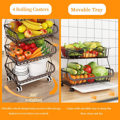 3-Tier Rolling Pantry Cart with Wheels, Stackable Wire Storage Floor Organizer for Kitchen Pantry Snack Shelves, Fruit Basket Stand, Vegetable Storage Rack for Food Snacks Onion Potato