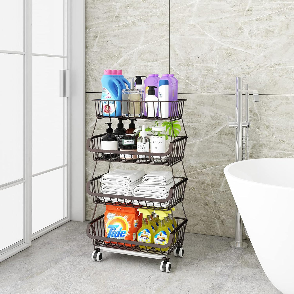 3-Tier Rolling Pantry Cart with Wheels, Stackable Wire Storage Floor Organizer for Kitchen Pantry Snack Shelves, Fruit Basket Stand, Vegetable Storage Rack for Food Snacks Onion Potato