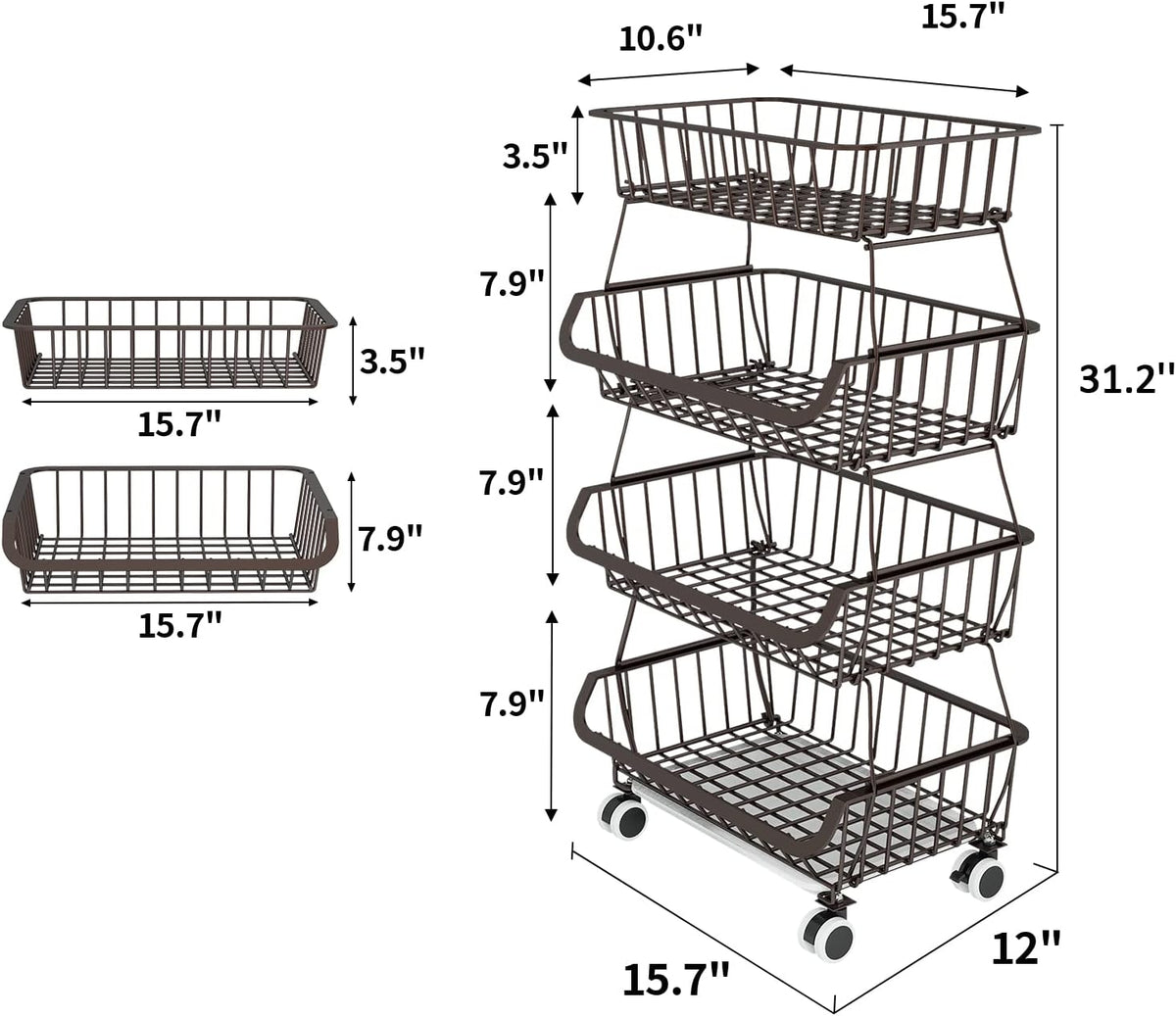 3-Tier Rolling Pantry Cart with Wheels, Stackable Wire Storage Floor Organizer for Kitchen Pantry Snack Shelves, Fruit Basket Stand, Vegetable Storage Rack for Food Snacks Onion Potato