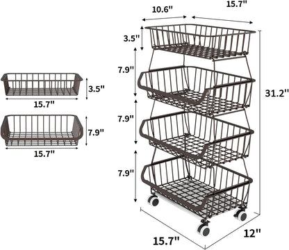 3-Tier Rolling Pantry Cart with Wheels, Stackable Wire Storage Floor Organizer for Kitchen Pantry Snack Shelves, Fruit Basket Stand, Vegetable Storage Rack for Food Snacks Onion Potato