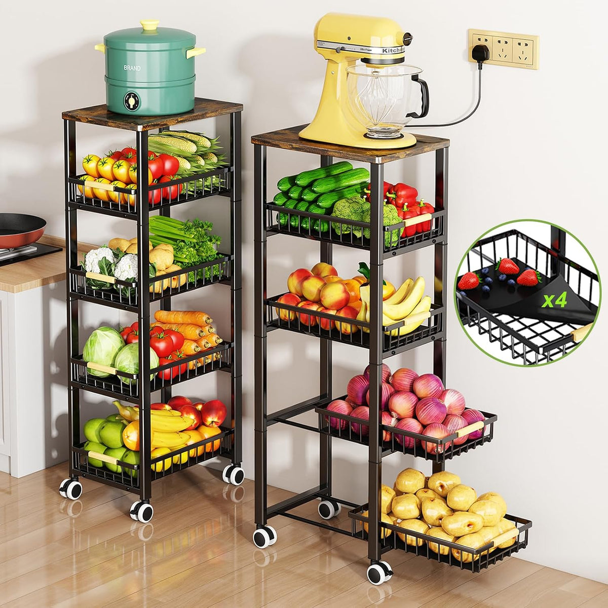 3-Tier Rolling Pantry Cart with Wheels, Stackable Wire Storage Floor Organizer for Kitchen Pantry Snack Shelves, Fruit Basket Stand, Vegetable Storage Rack for Food Snacks Onion Potato