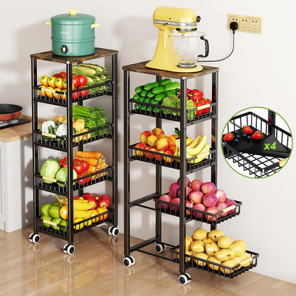 3-Tier Rolling Pantry Cart with Wheels, Stackable Wire Storage Floor Organizer for Kitchen Pantry Snack Shelves, Fruit Basket Stand, Vegetable Storage Rack for Food Snacks Onion Potato