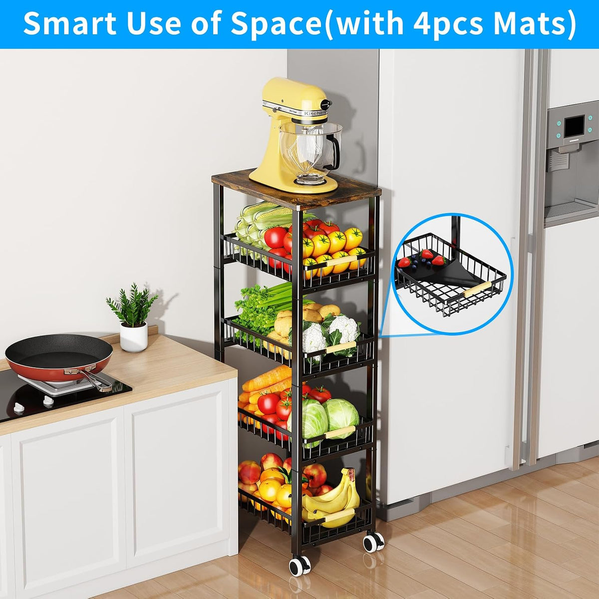 3-Tier Rolling Pantry Cart with Wheels, Stackable Wire Storage Floor Organizer for Kitchen Pantry Snack Shelves, Fruit Basket Stand, Vegetable Storage Rack for Food Snacks Onion Potato