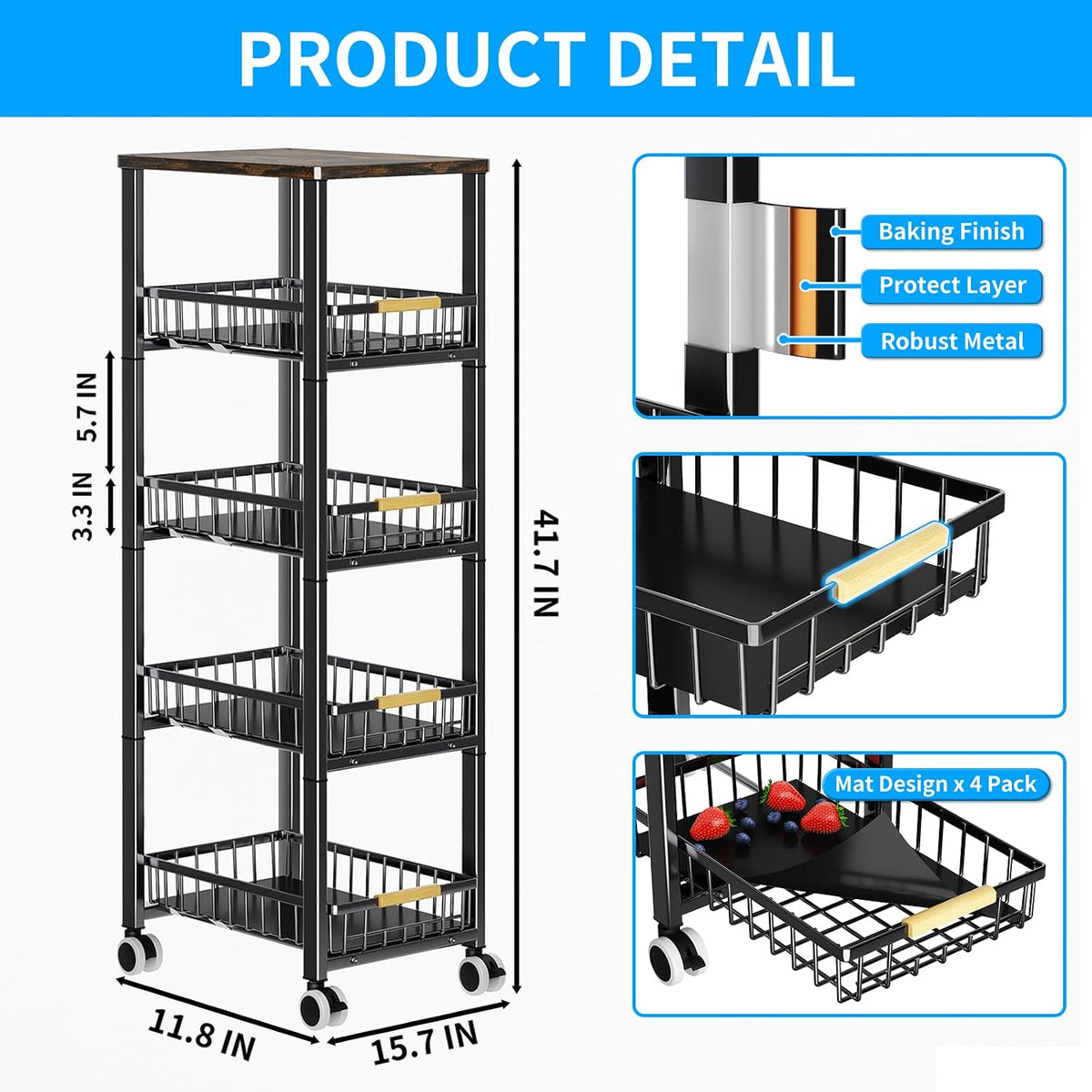 3-Tier Rolling Pantry Cart with Wheels, Stackable Wire Storage Floor Organizer for Kitchen Pantry Snack Shelves, Fruit Basket Stand, Vegetable Storage Rack for Food Snacks Onion Potato
