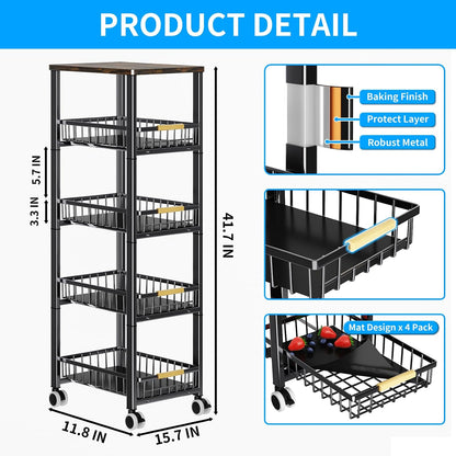 3-Tier Rolling Pantry Cart with Wheels, Stackable Wire Storage Floor Organizer for Kitchen Pantry Snack Shelves, Fruit Basket Stand, Vegetable Storage Rack for Food Snacks Onion Potato