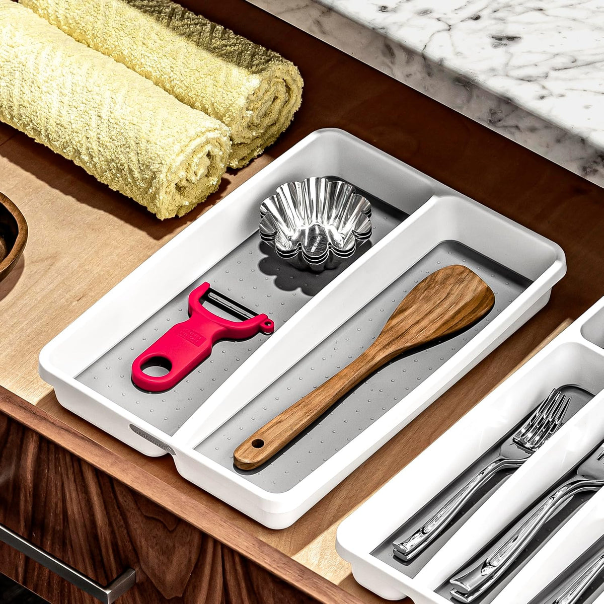 Classic 2 Compartment Compact Utensil Tray, White