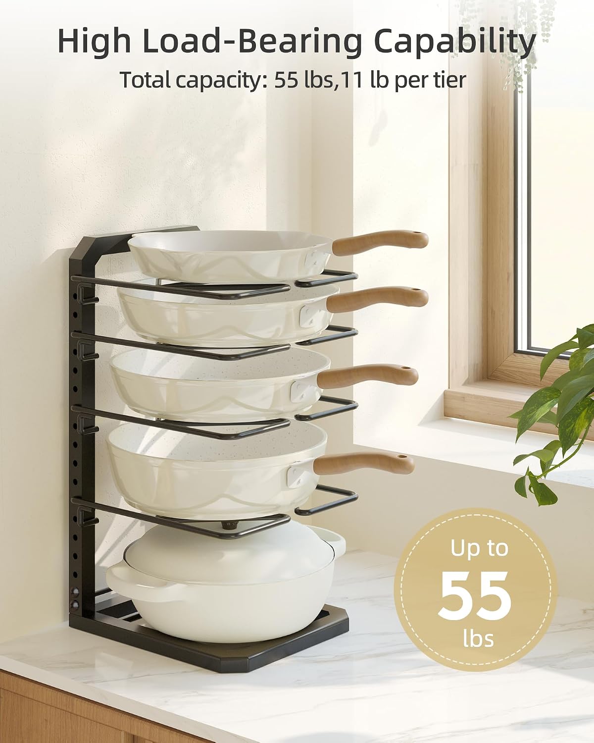 Pots and Pans Organizer under Cabinet, 5 Adjustable Tiers Heavy-Duty Pan Pot Organizer with 16.5" Height, Holds 55 LB - Cast Iron Skillets, Griddles, Shallow Cookware