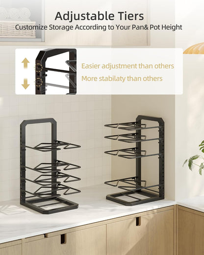 Pots and Pans Organizer under Cabinet, 5 Adjustable Tiers Heavy-Duty Pan Pot Organizer with 16.5" Height, Holds 55 LB - Cast Iron Skillets, Griddles, Shallow Cookware