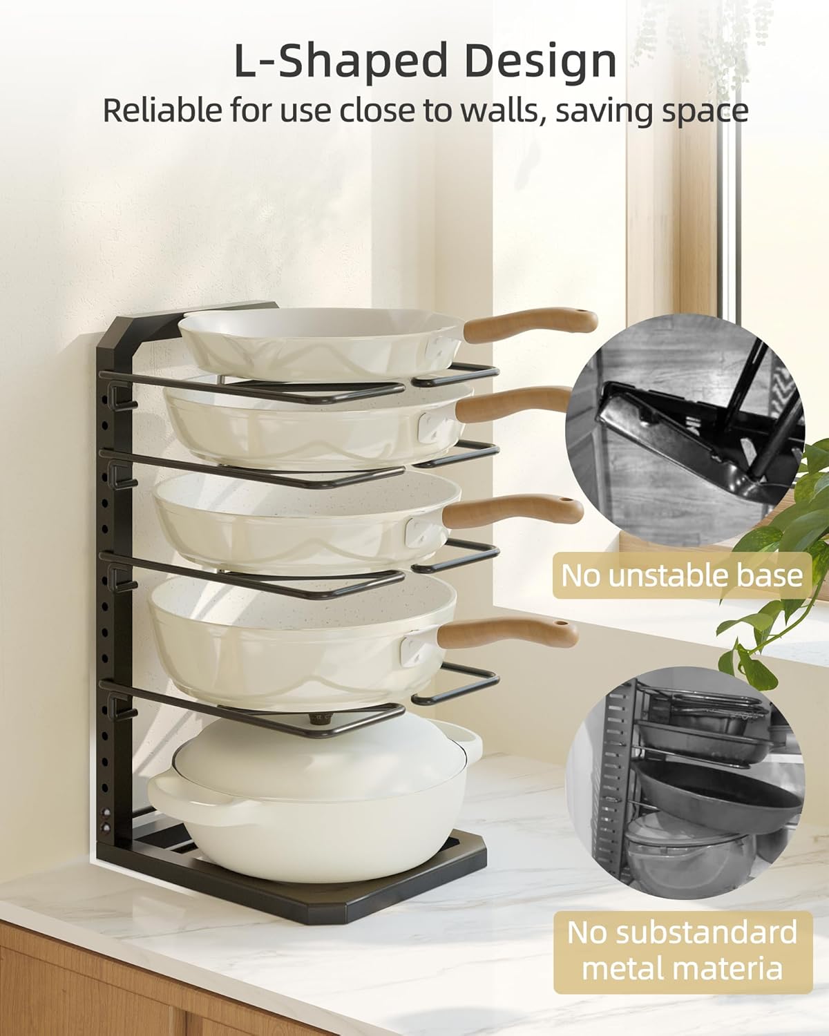 Pots and Pans Organizer under Cabinet, 5 Adjustable Tiers Heavy-Duty Pan Pot Organizer with 16.5" Height, Holds 55 LB - Cast Iron Skillets, Griddles, Shallow Cookware