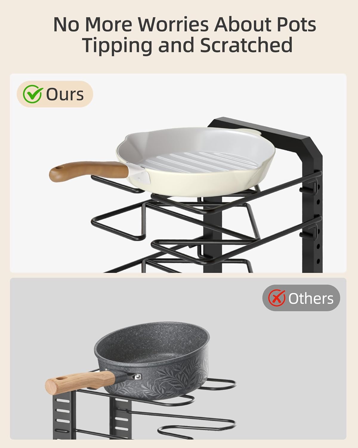 Pots and Pans Organizer under Cabinet, 5 Adjustable Tiers Heavy-Duty Pan Pot Organizer with 16.5" Height, Holds 55 LB - Cast Iron Skillets, Griddles, Shallow Cookware