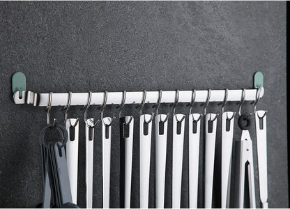 Kitchen Utensil Rail Organizer - Wall Mounted Gourmet Rack With 14 Hooks for Hanging Knives, Mugs, Spatulas, Pots and Utensils