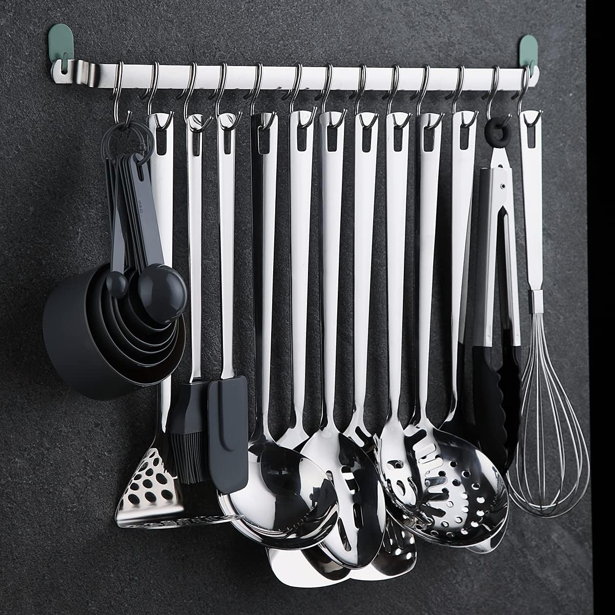 Kitchen Utensil Rail Organizer - Wall Mounted Gourmet Rack With 14 Hooks for Hanging Knives, Mugs, Spatulas, Pots and Utensils