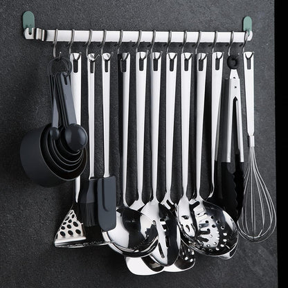 Kitchen Utensil Rail Organizer - Wall Mounted Gourmet Rack With 14 Hooks for Hanging Knives, Mugs, Spatulas, Pots and Utensils