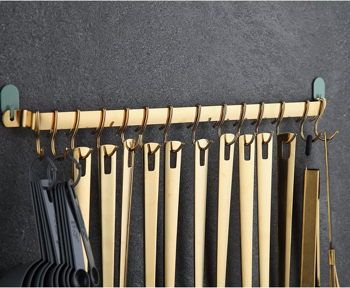 Kitchen Utensil Rail Organizer - Wall Mounted Gourmet Rack With 14 Hooks for Hanging Knives, Mugs, Spatulas, Pots and Utensils