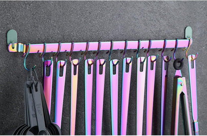 Kitchen Utensil Rail Organizer - Wall Mounted Gourmet Rack With 14 Hooks for Hanging Knives, Mugs, Spatulas, Pots and Utensils