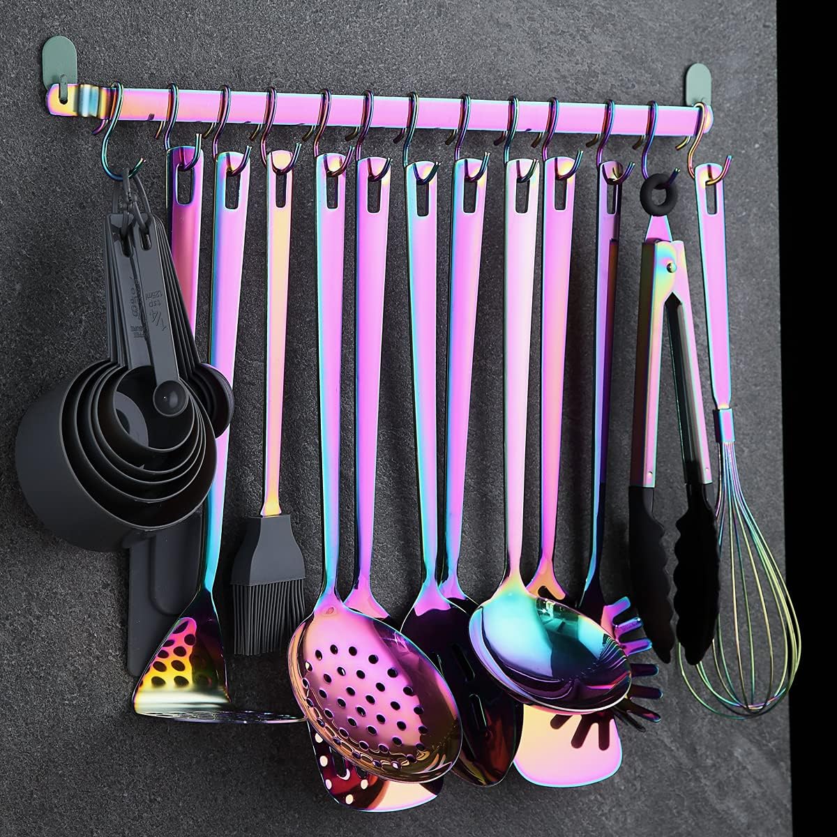 Kitchen Utensil Rail Organizer - Wall Mounted Gourmet Rack With 14 Hooks for Hanging Knives, Mugs, Spatulas, Pots and Utensils