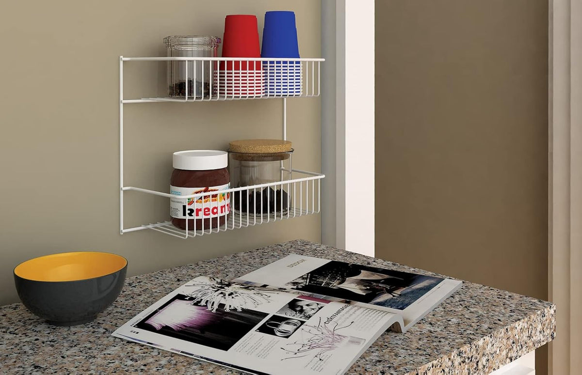 3-Tier Hanging Wall Mounted Metal Rack for Spices, Shelf Storage, Pantry Organization, Laundry, Kitchen, Bathroom, White, 8022