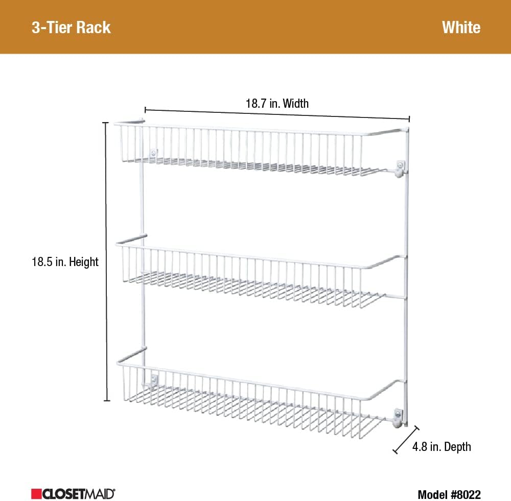 3-Tier Hanging Wall Mounted Metal Rack for Spices, Shelf Storage, Pantry Organization, Laundry, Kitchen, Bathroom, White, 8022