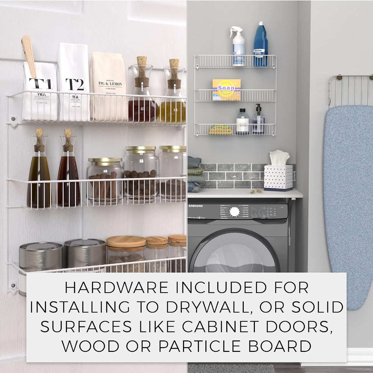 3-Tier Hanging Wall Mounted Metal Rack for Spices, Shelf Storage, Pantry Organization, Laundry, Kitchen, Bathroom, White, 8022