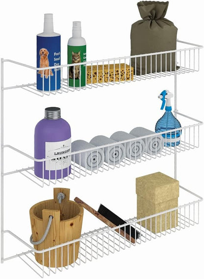 3-Tier Hanging Wall Mounted Metal Rack for Spices, Shelf Storage, Pantry Organization, Laundry, Kitchen, Bathroom, White, 8022