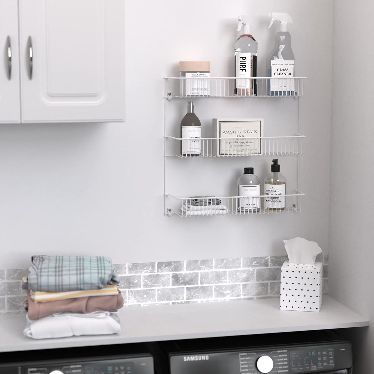 3-Tier Hanging Wall Mounted Metal Rack for Spices, Shelf Storage, Pantry Organization, Laundry, Kitchen, Bathroom, White, 8022
