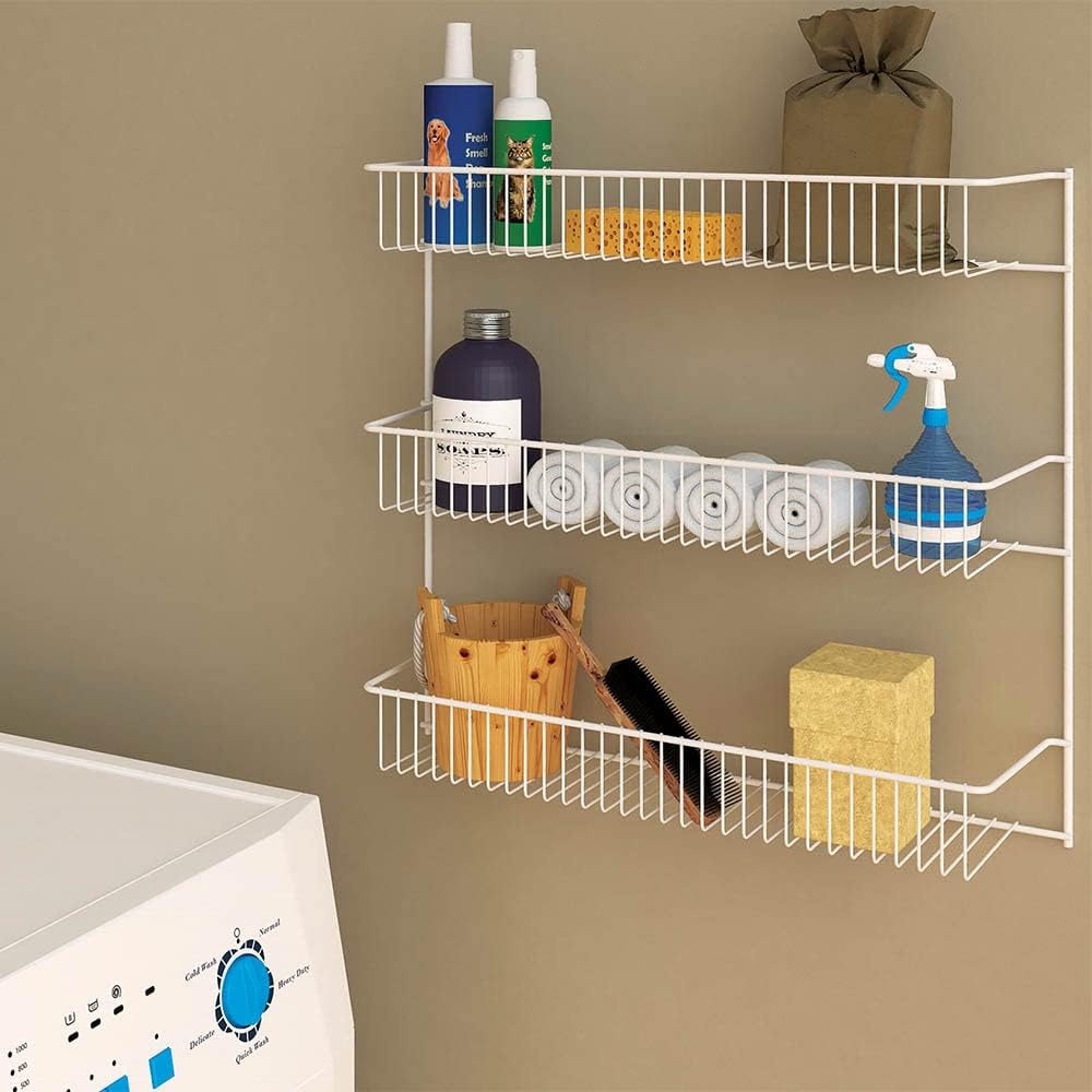 3-Tier Hanging Wall Mounted Metal Rack for Spices, Shelf Storage, Pantry Organization, Laundry, Kitchen, Bathroom, White, 8022