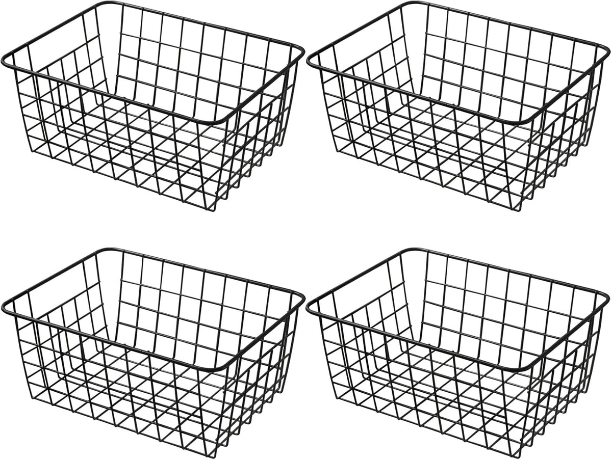 14" Upright Freezer Storage Baskets, White Wire Storage Bins Large Bakset for Freezer, Pantry, Bathroom Organizing, Set of 4