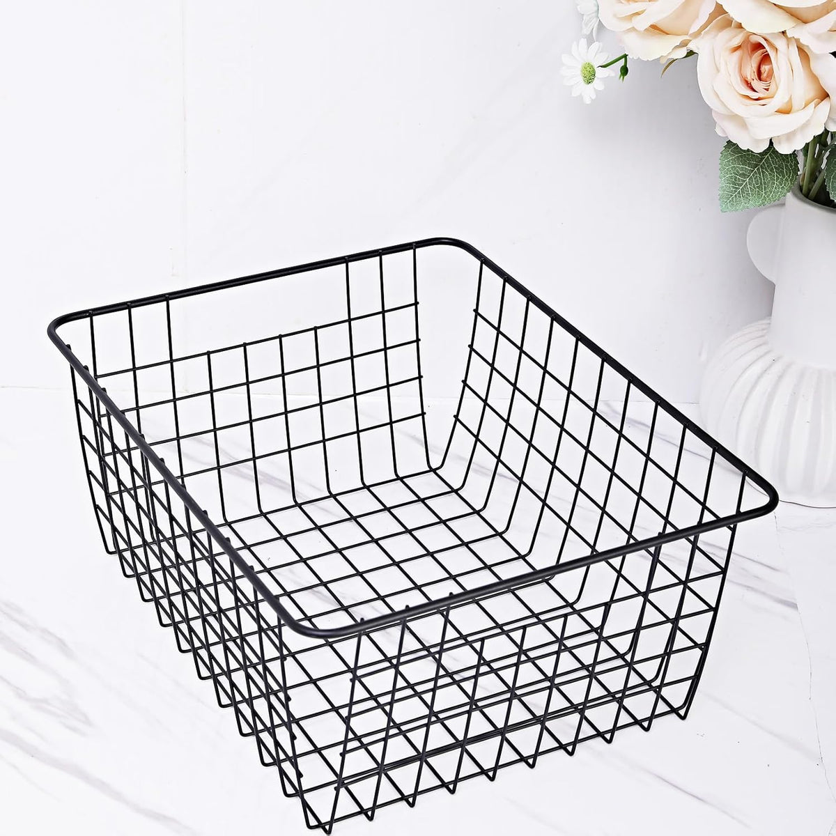14" Upright Freezer Storage Baskets, White Wire Storage Bins Large Bakset for Freezer, Pantry, Bathroom Organizing, Set of 4
