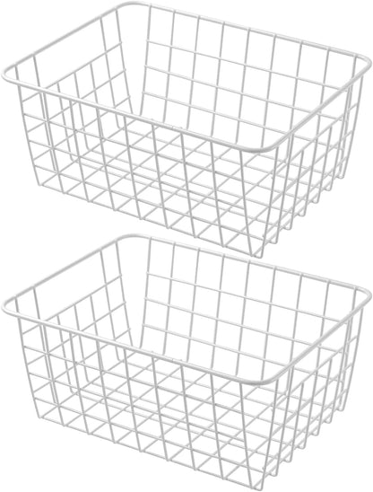 14" Upright Freezer Storage Baskets, White Wire Storage Bins Large Bakset for Freezer, Pantry, Bathroom Organizing, Set of 4
