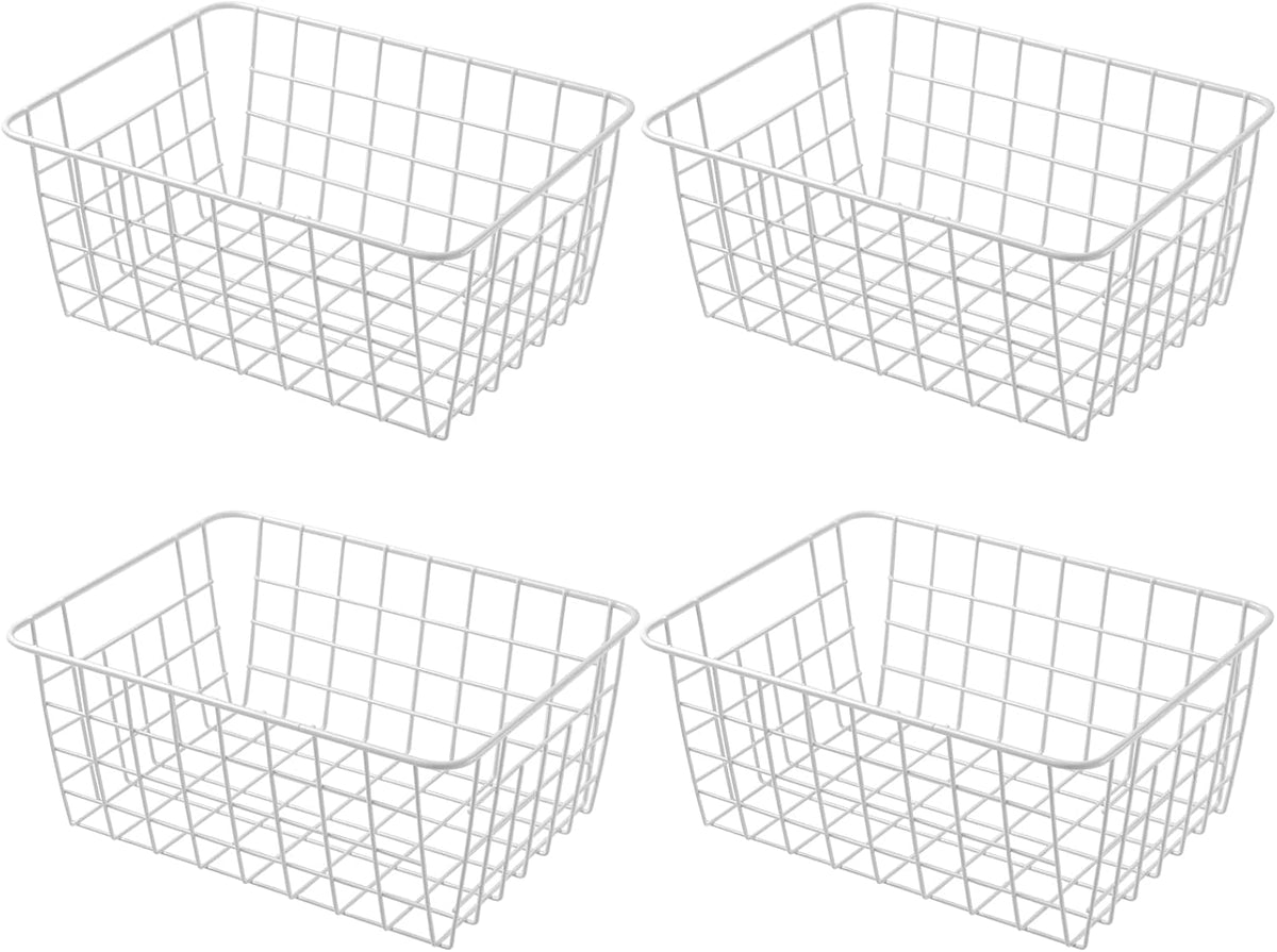 14" Upright Freezer Storage Baskets, White Wire Storage Bins Large Bakset for Freezer, Pantry, Bathroom Organizing, Set of 4