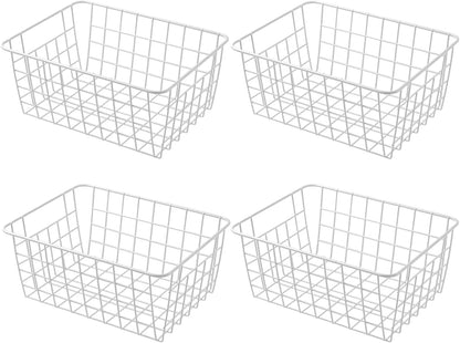 14" Upright Freezer Storage Baskets, White Wire Storage Bins Large Bakset for Freezer, Pantry, Bathroom Organizing, Set of 4