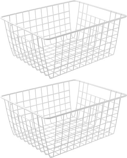 14" Upright Freezer Storage Baskets, White Wire Storage Bins Large Bakset for Freezer, Pantry, Bathroom Organizing, Set of 4