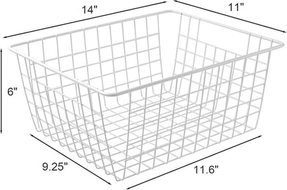 14" Upright Freezer Storage Baskets, White Wire Storage Bins Large Bakset for Freezer, Pantry, Bathroom Organizing, Set of 4