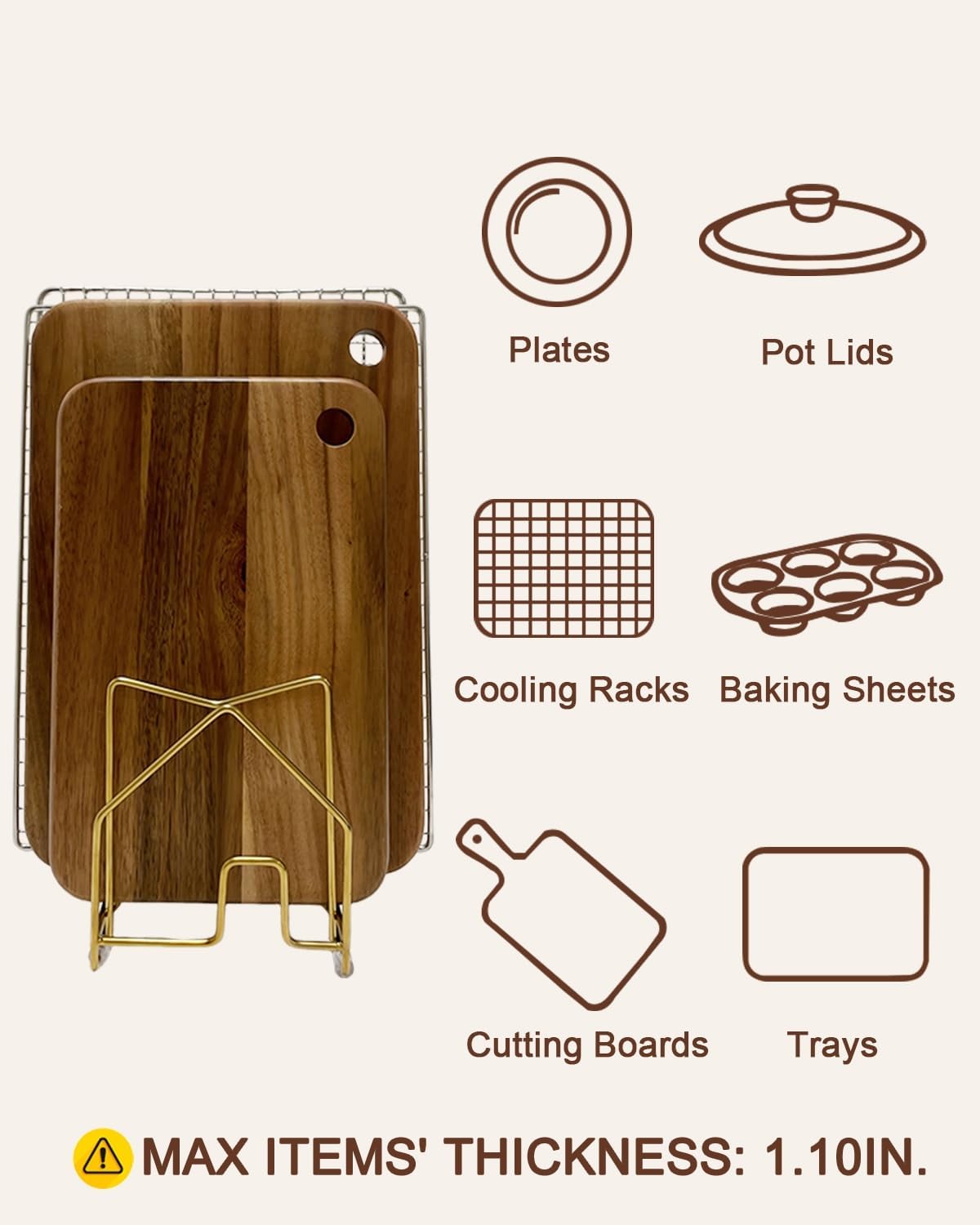 Pot Lid Organizer Cutting Board Holder Inside Cabinet 304 Stainless Steel Pot and Pan Organizer Under Cabinet Cookie Sheet Bakeware Serving Tray Cooling Rack Stand Kitchen Countertop Matte Gold