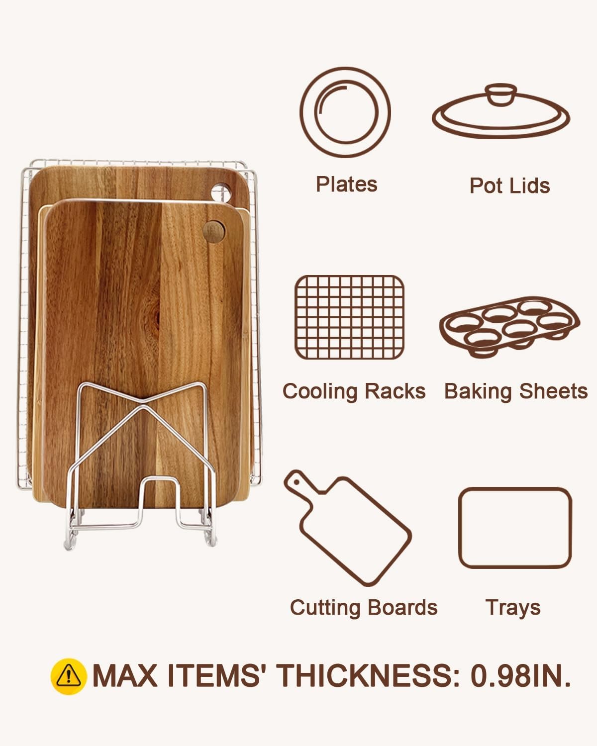 Pot Lid Organizer Cutting Board Holder Inside Cabinet 304 Stainless Steel Pot and Pan Organizer Under Cabinet Cookie Sheet Bakeware Serving Tray Cooling Rack Stand Kitchen Countertop Matte Gold